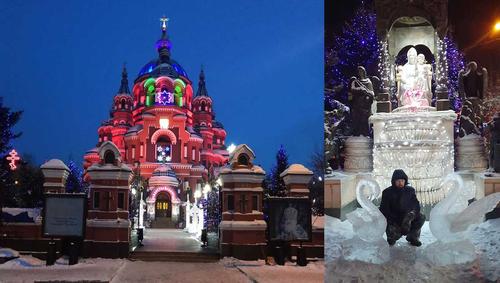 Ледяные скульптуры храма Иконы Казанской Божией Матери в Иркутске